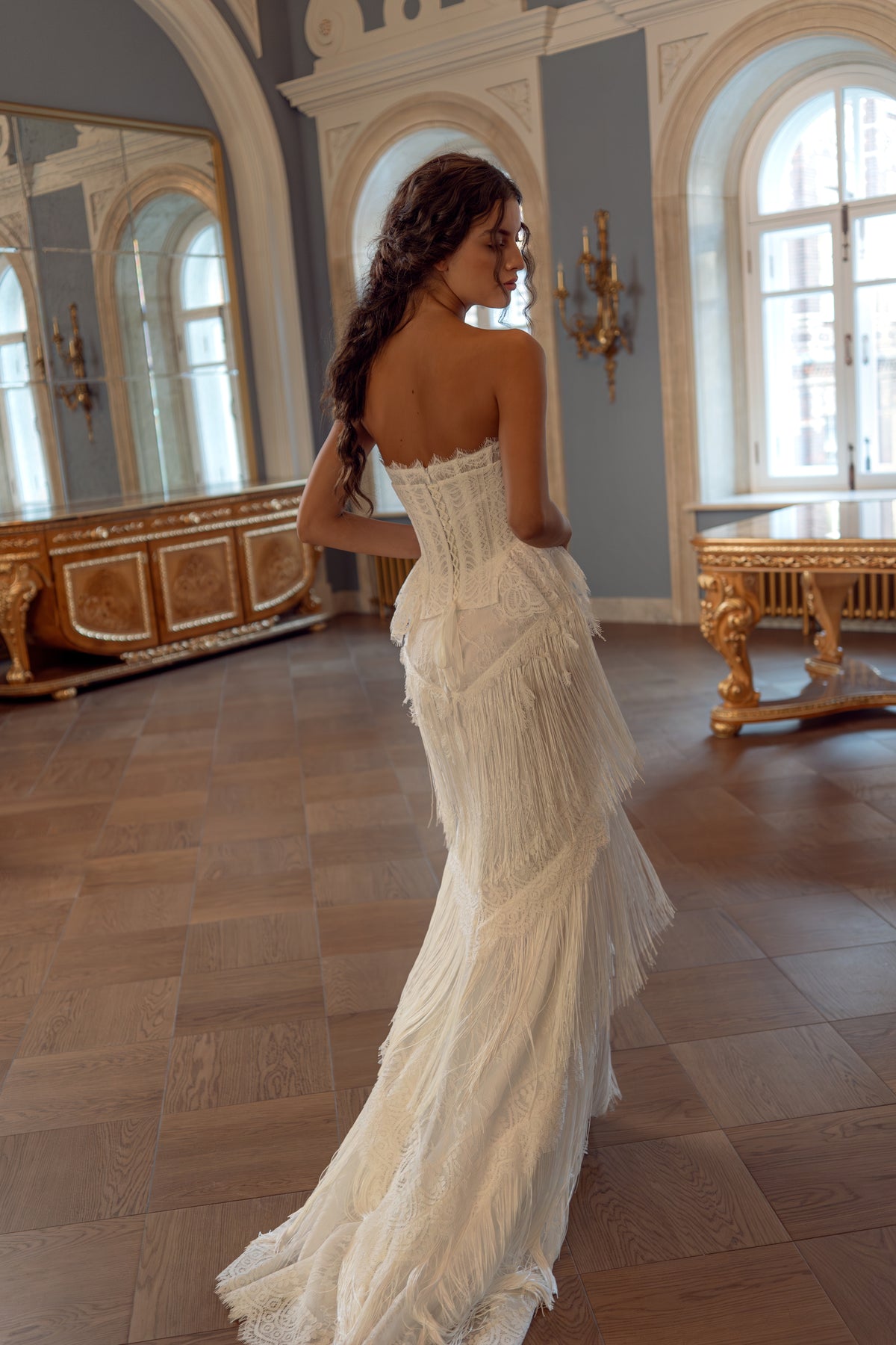 Fitted Lace Fringe Wedding Dress with Strapless Corset and Juliet Veil