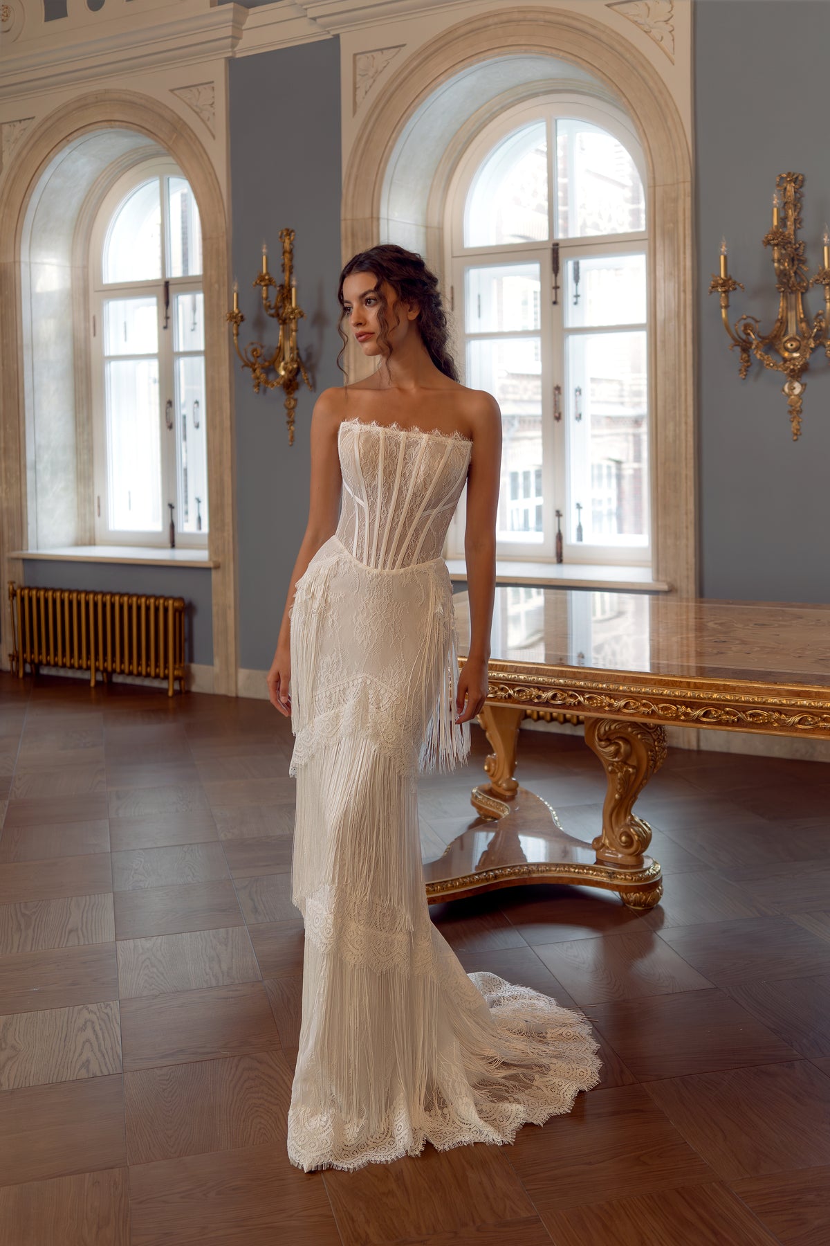 Fitted Lace Fringe Wedding Dress with Strapless Corset and Juliet Veil