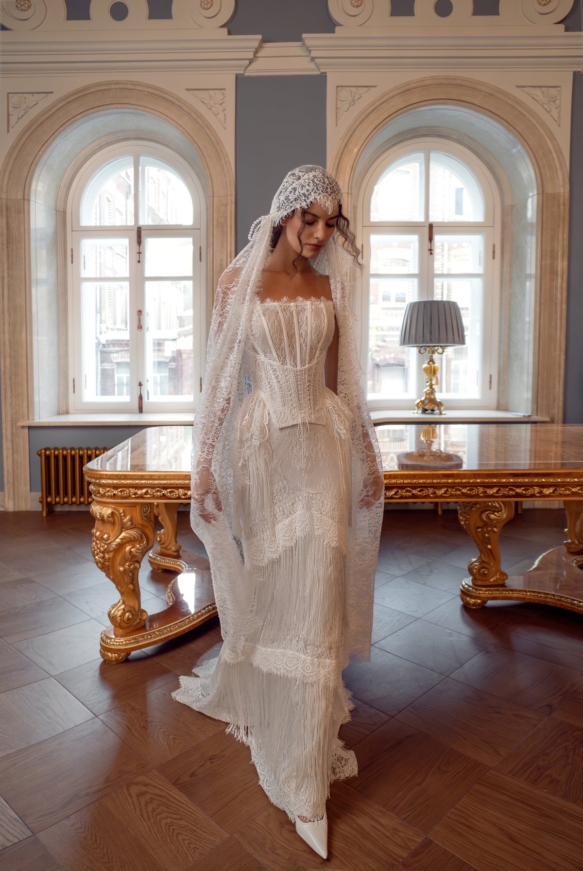 Fitted Lace Fringe Wedding Dress with Strapless Corset and Juliet Veil