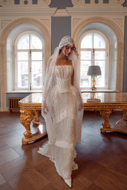 Fitted Lace Fringe Wedding Dress with Strapless Corset and Juliet Veil
