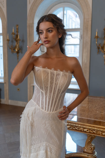 Fitted Lace Fringe Wedding Dress with Strapless Corset and Juliet Veil