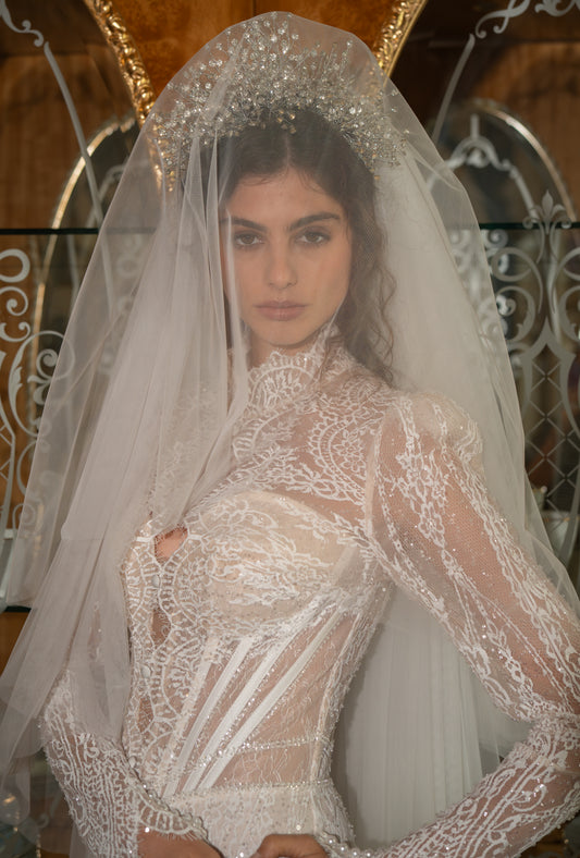 Lace Mermaid Wedding Dress with High Neck, Illusion Corset and Long Sleeves