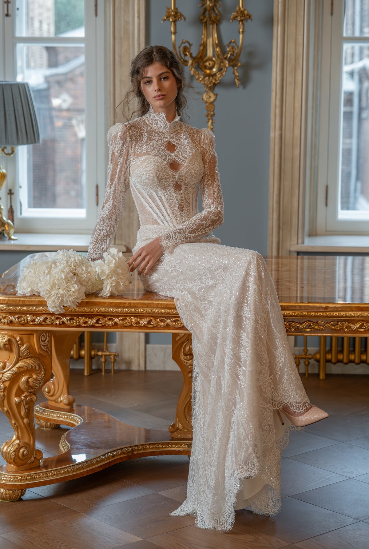 Lace Mermaid Wedding Dress with High Neck, Illusion Corset and Long Sleeves