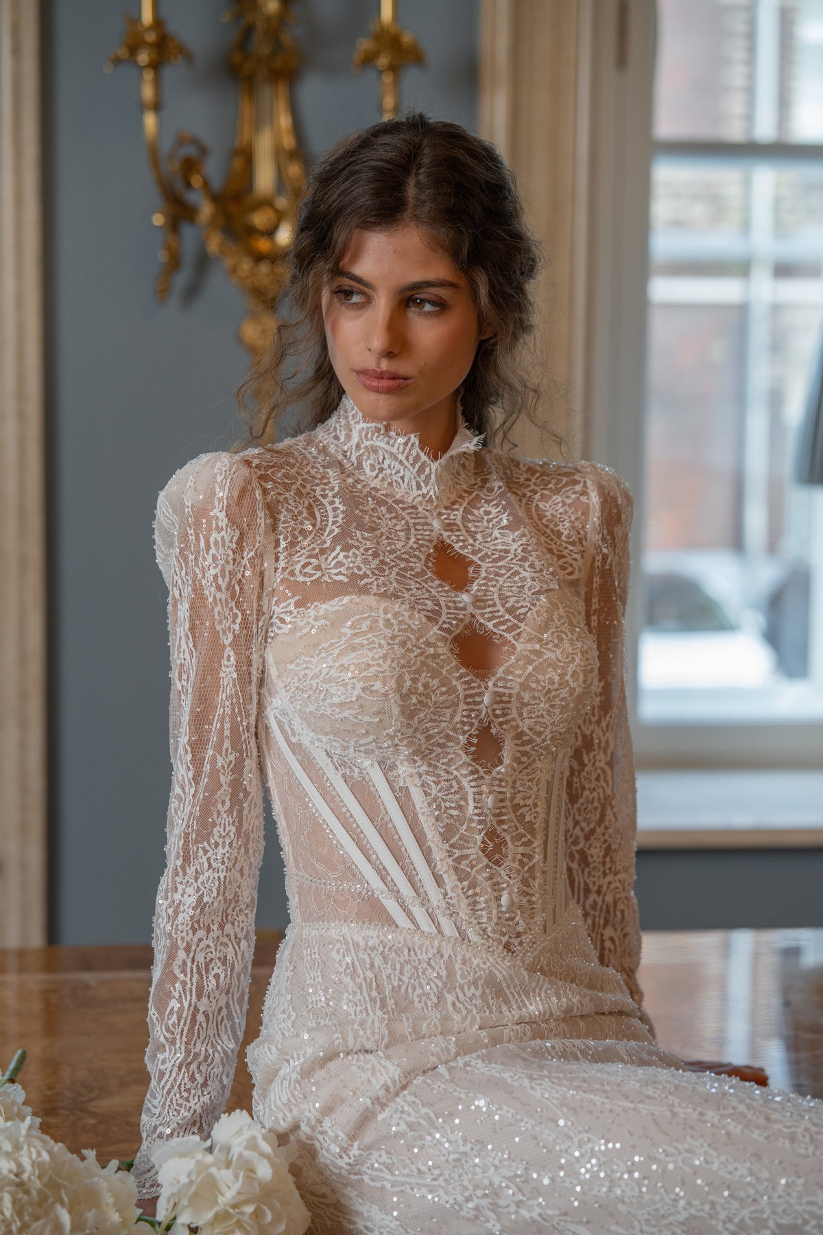 Lace Mermaid Wedding Dress with High Neck, Illusion Corset and Long Sleeves