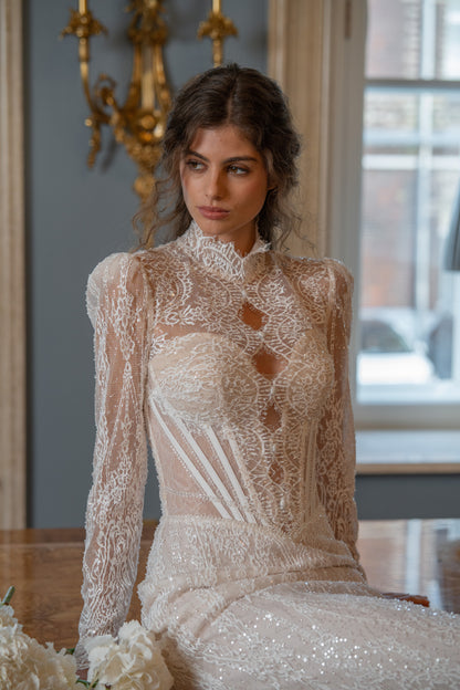 Lace Mermaid Wedding Dress with High Neck, Illusion Corset and Long Sleeves