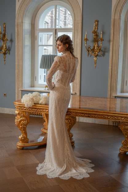 Lace Mermaid Wedding Dress with High Neck, Illusion Corset and Long Sleeves