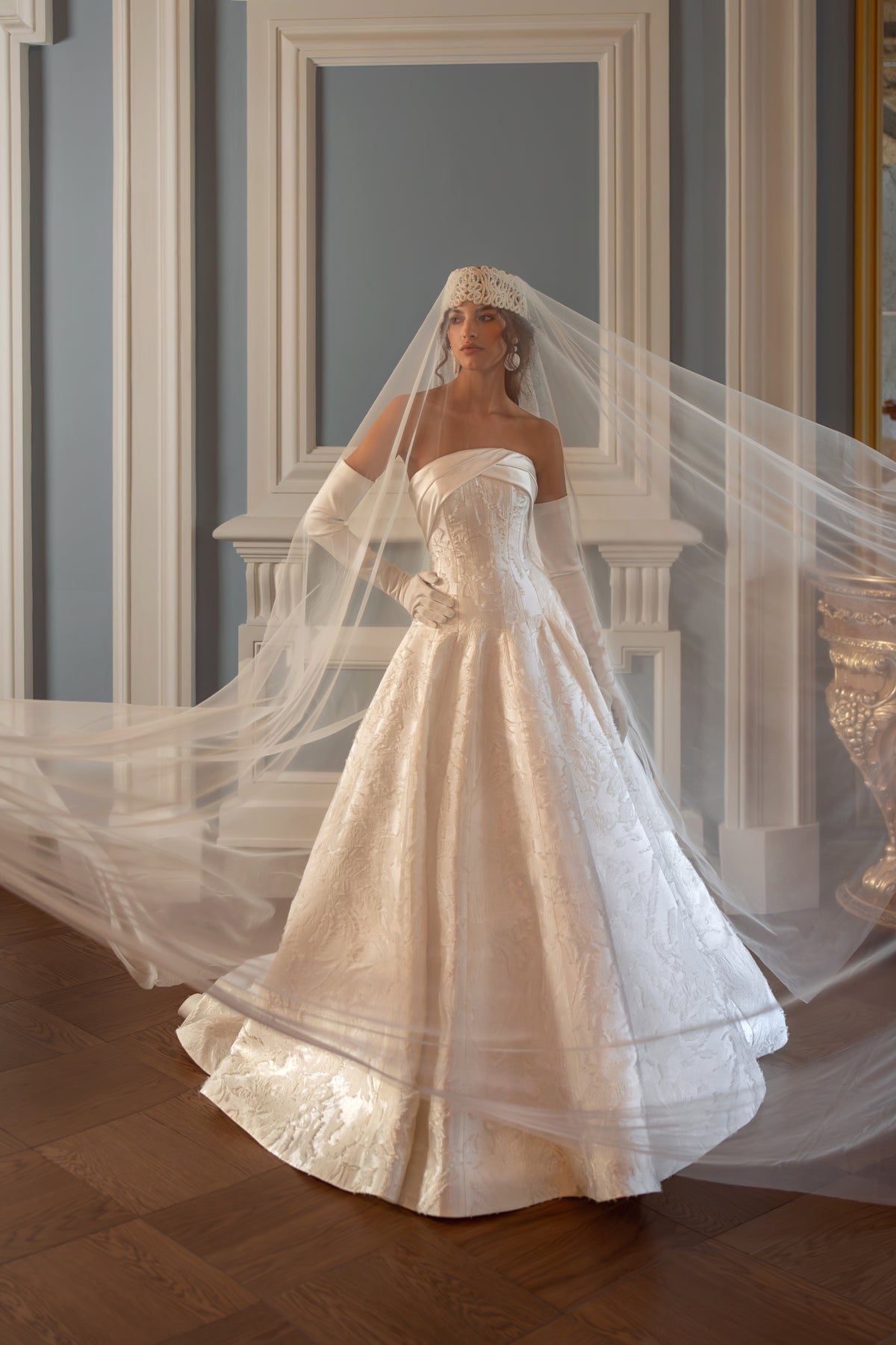 Jacquard Ball Gown Wedding Dress with Strapless Neckline and Tiered Skirt