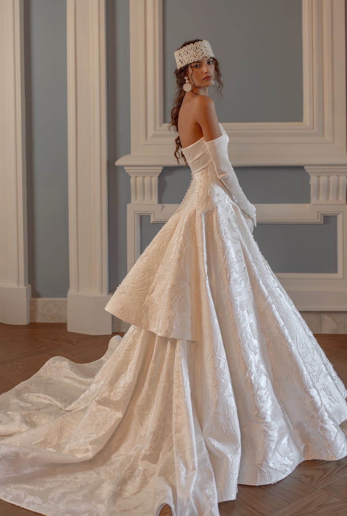 Jacquard Ball Gown Wedding Dress with Strapless Neckline and Tiered Skirt