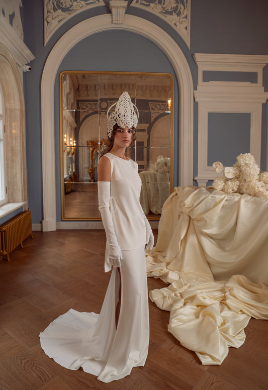 Lace and Crepe Satin Wedding Dress with Plunging Bodice and Slit Skirt