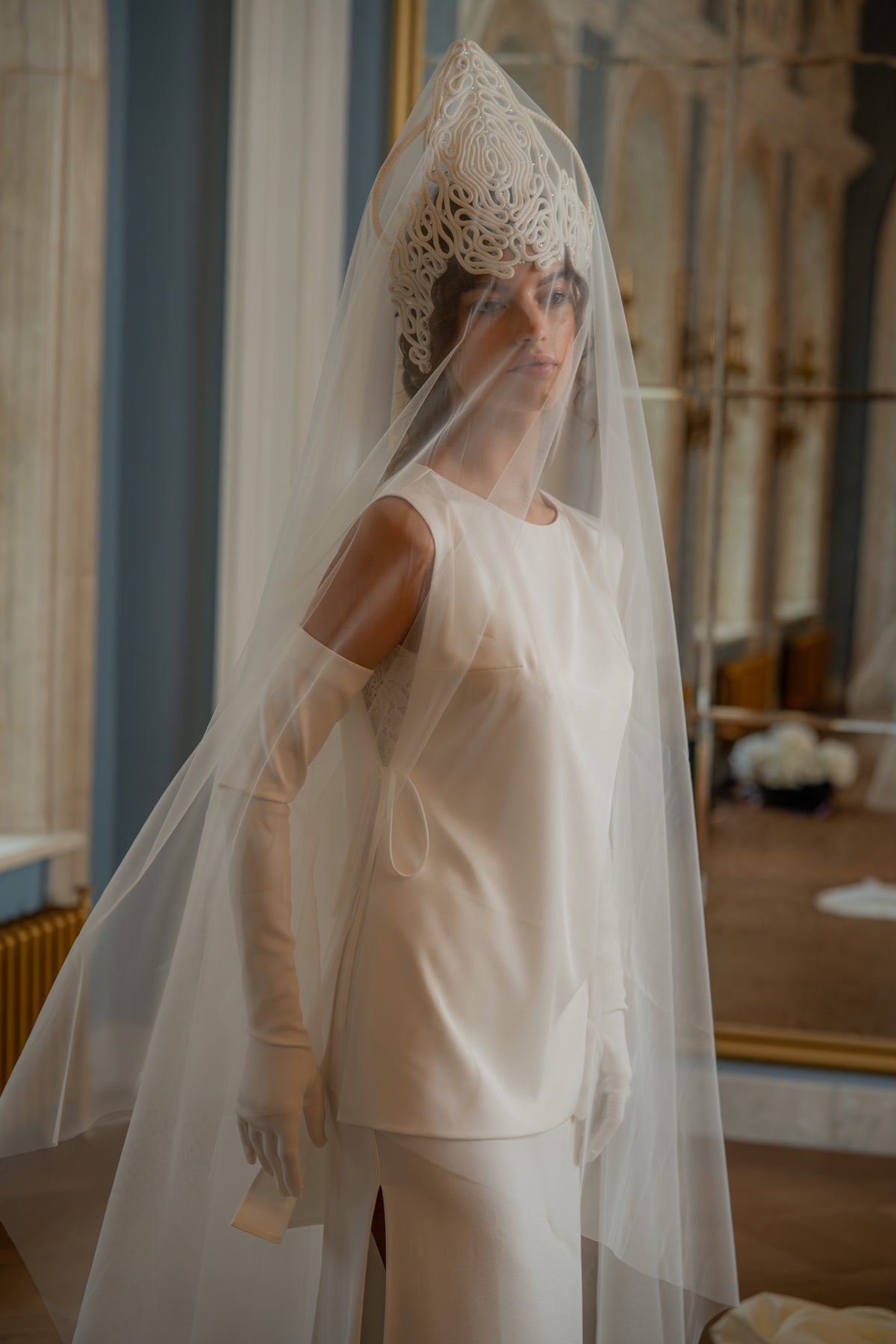 Lace and Crepe Satin Wedding Dress with Plunging Bodice and Slit Skirt