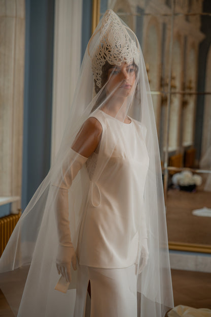 Lace and Crepe Satin Wedding Dress with Plunging Bodice and Slit Skirt