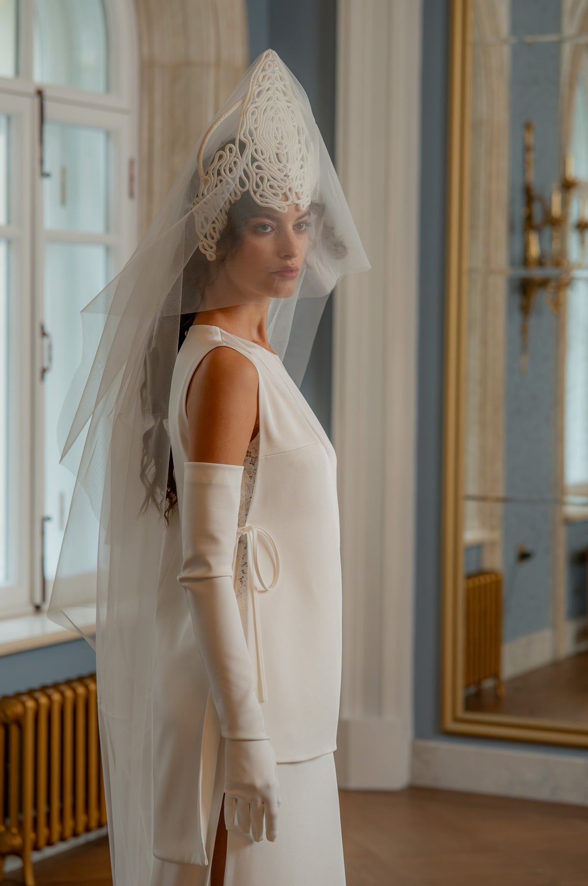 Lace and Crepe Satin Wedding Dress with Plunging Bodice and Slit Skirt