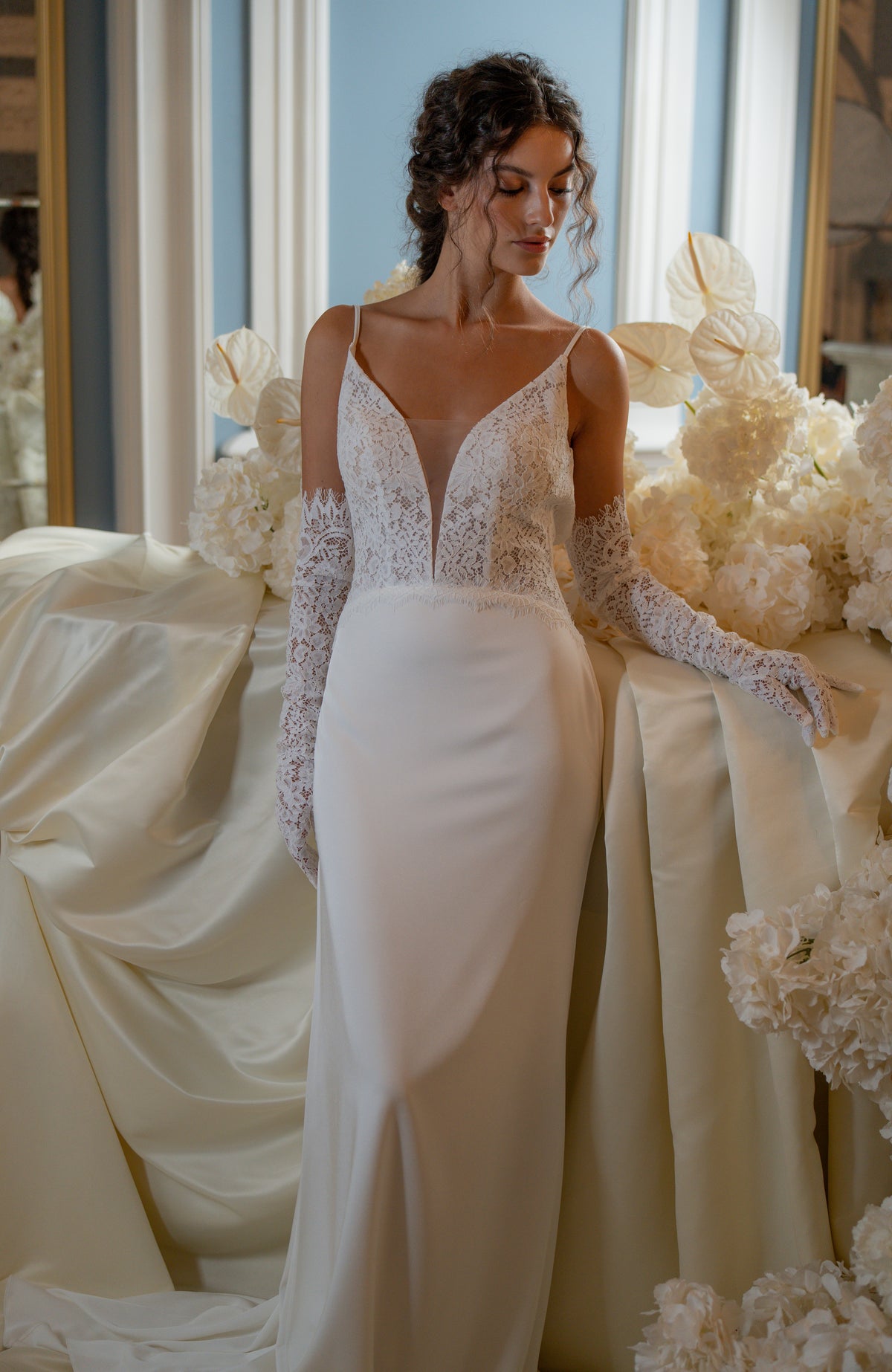 Lace and Crepe Satin Wedding Dress with Plunging Bodice and Slit Skirt