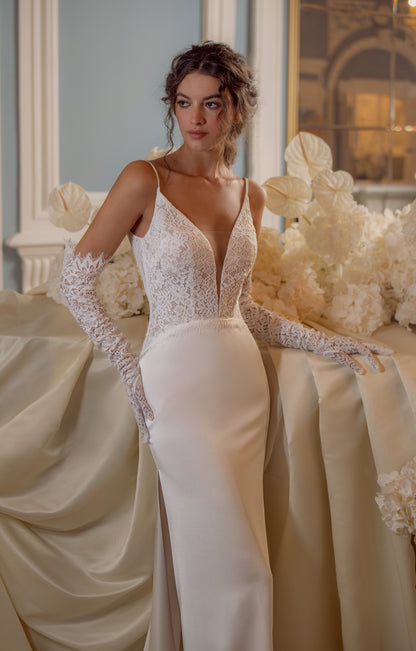 Lace and Crepe Satin Wedding Dress with Plunging Bodice and Slit Skirt