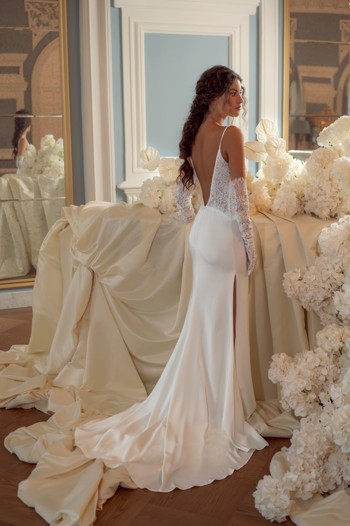 Lace and Crepe Satin Wedding Dress with Plunging Bodice and Slit Skirt