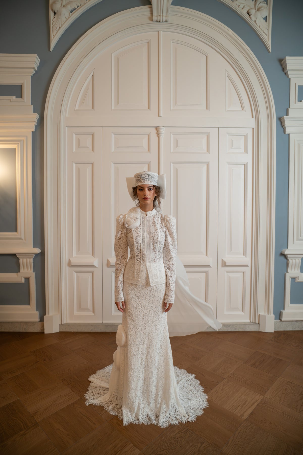 Lace Mermaid Wedding Dress with Fitted Jacket, Puff Sleeves and Fabric Rosettes