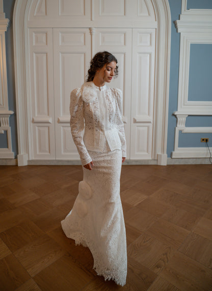 Lace Mermaid Wedding Dress with Fitted Jacket, Puff Sleeves and Fabric Rosettes