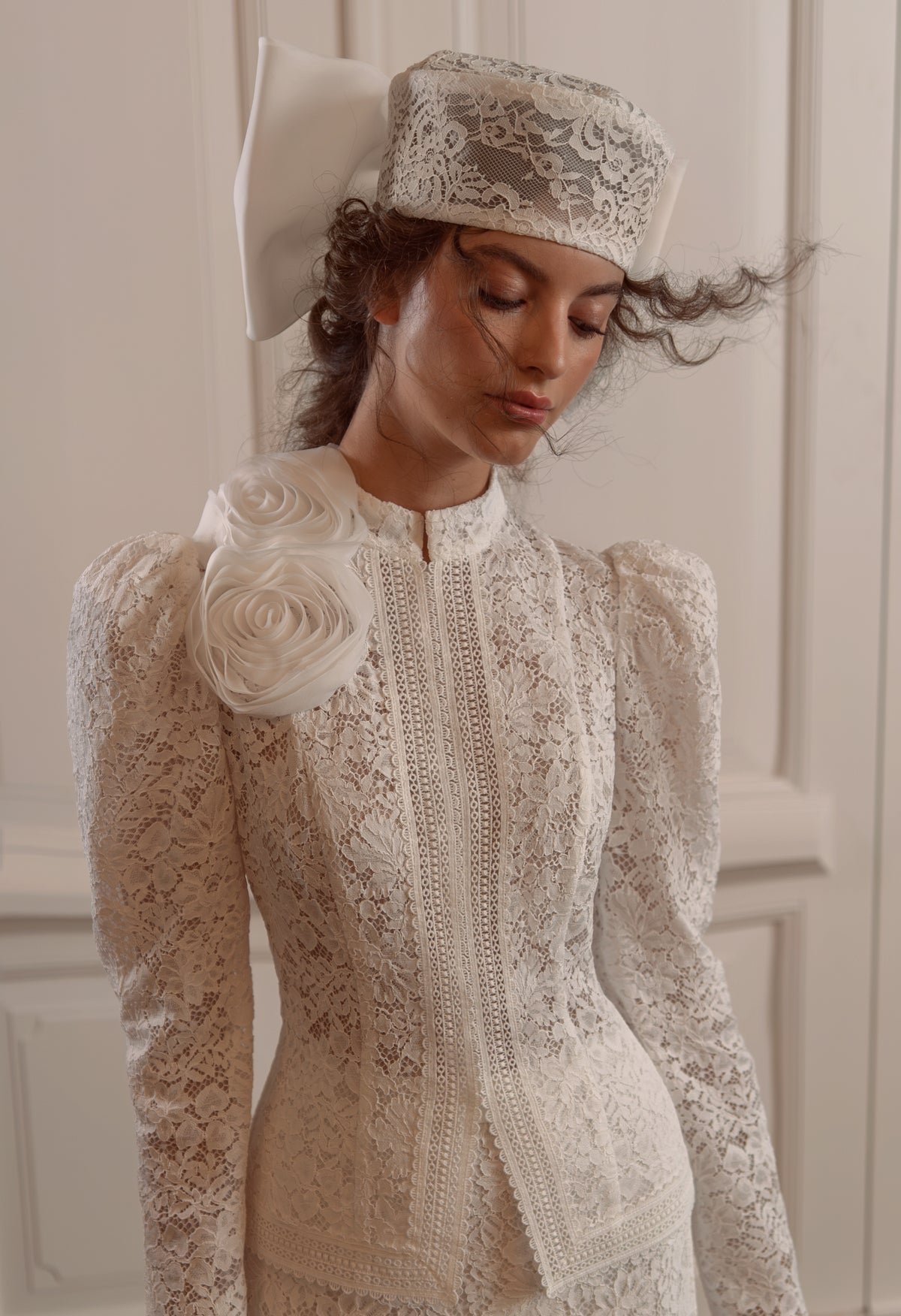 Lace Mermaid Wedding Dress with Fitted Jacket, Puff Sleeves and Fabric Rosettes