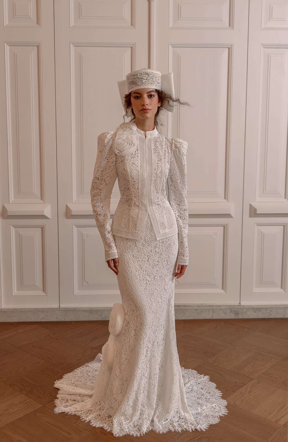 Lace Mermaid Wedding Dress with Fitted Jacket, Puff Sleeves and Fabric Rosettes