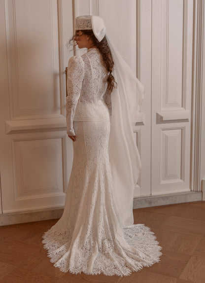 Lace Mermaid Wedding Dress with Fitted Jacket, Puff Sleeves and Fabric Rosettes