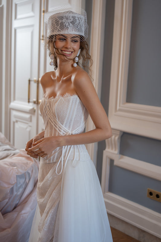 Lace Corset Wedding Dress with Lace-Up Back, Slit Skirt and Tulle Train