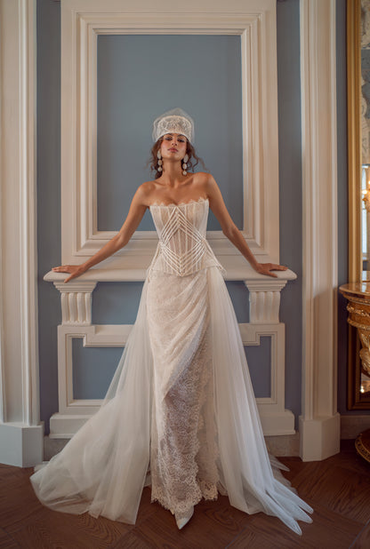 Lace Corset Wedding Dress with Lace-Up Back, Slit Skirt and Tulle Train