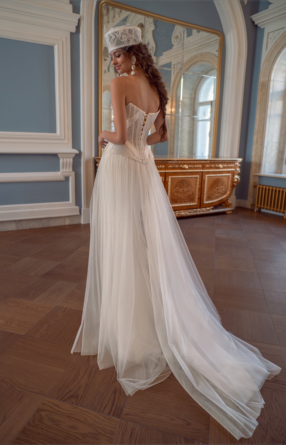 Lace Corset Wedding Dress with Lace-Up Back, Slit Skirt and Tulle Train