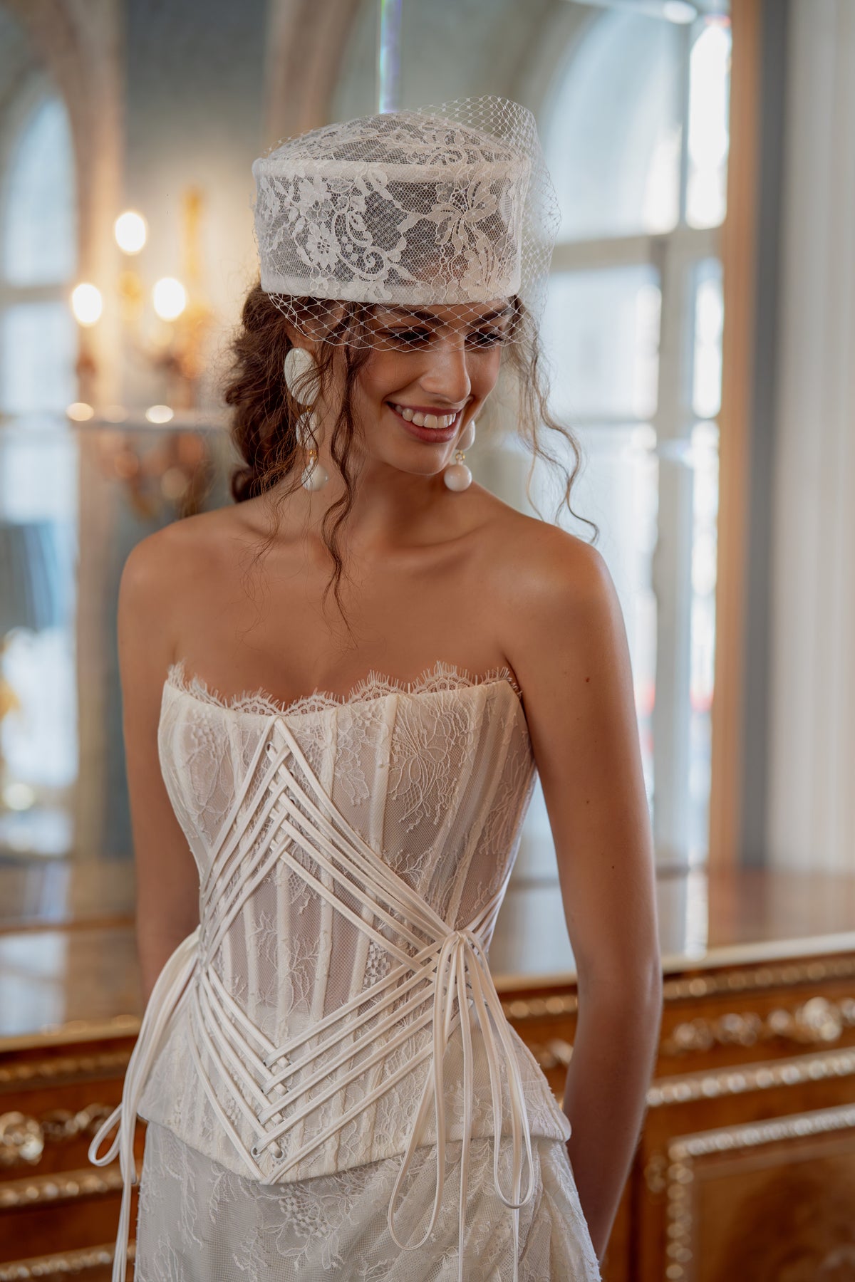 Lace Corset Wedding Dress with Lace-Up Back, Slit Skirt and Tulle Train