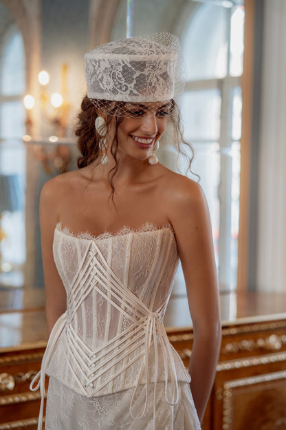 Lace Corset Wedding Dress with Lace-Up Back, Slit Skirt and Tulle Train