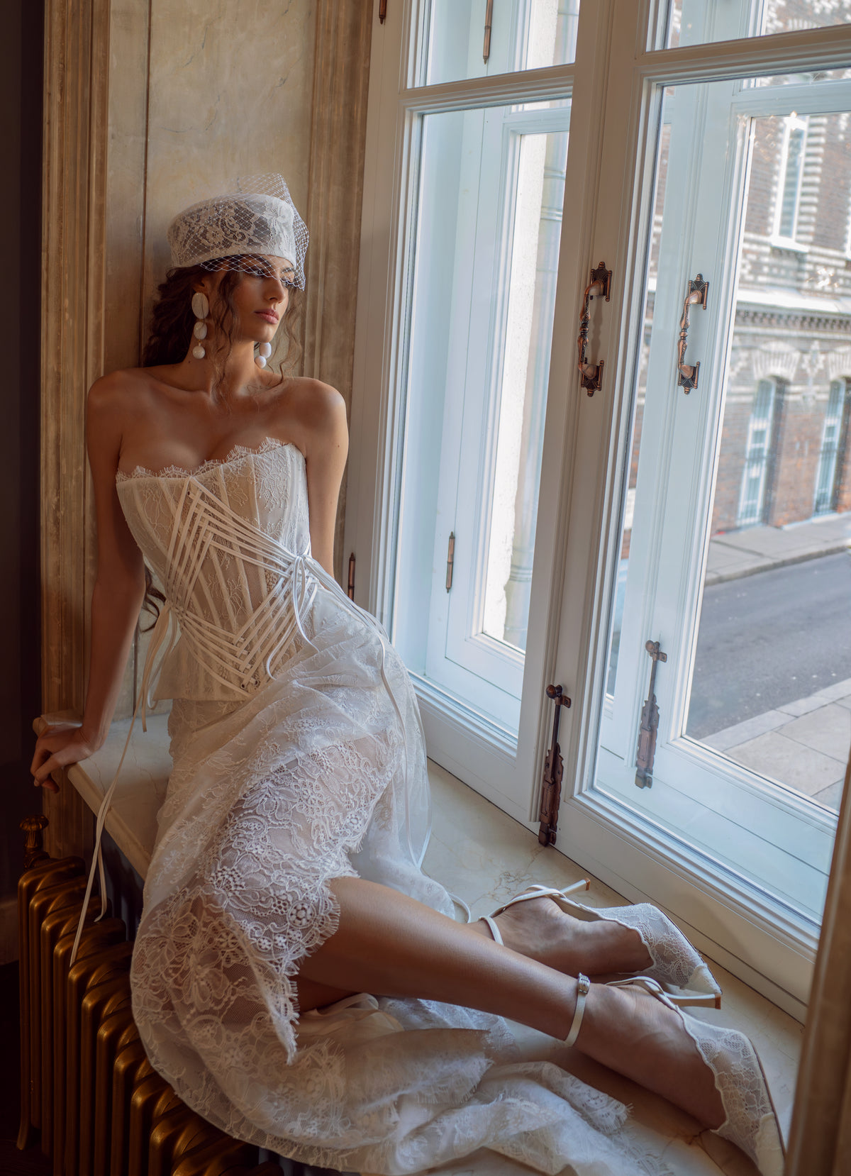 Lace Corset Wedding Dress with Lace-Up Back, Slit Skirt and Tulle Train