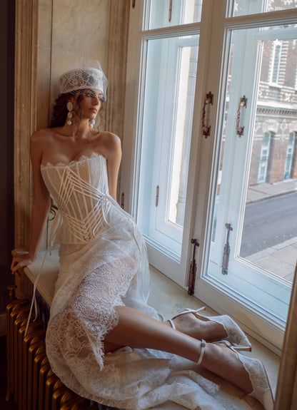 Lace Corset Wedding Dress with Lace-Up Back, Slit Skirt and Tulle Train