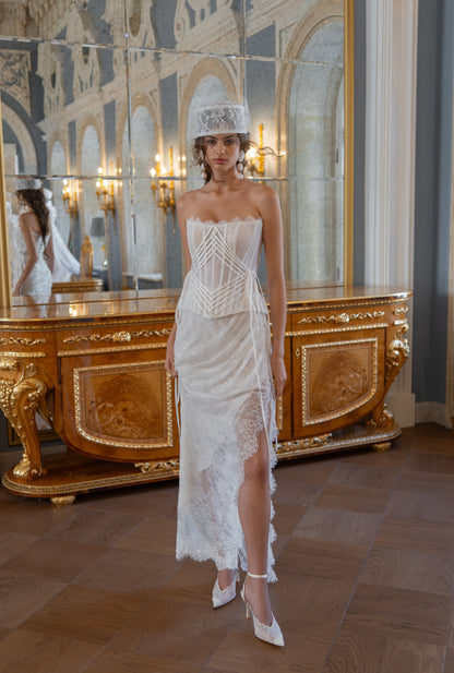 Lace Corset Wedding Dress with Lace-Up Back, Slit Skirt and Tulle Train