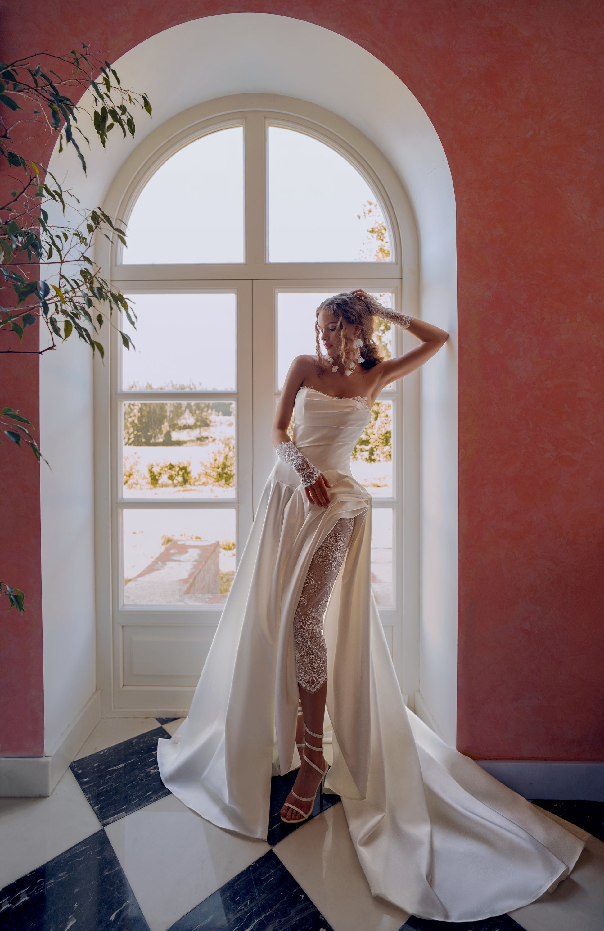 strapless matte mikado wedding dress with draped bodice and lace underskirt